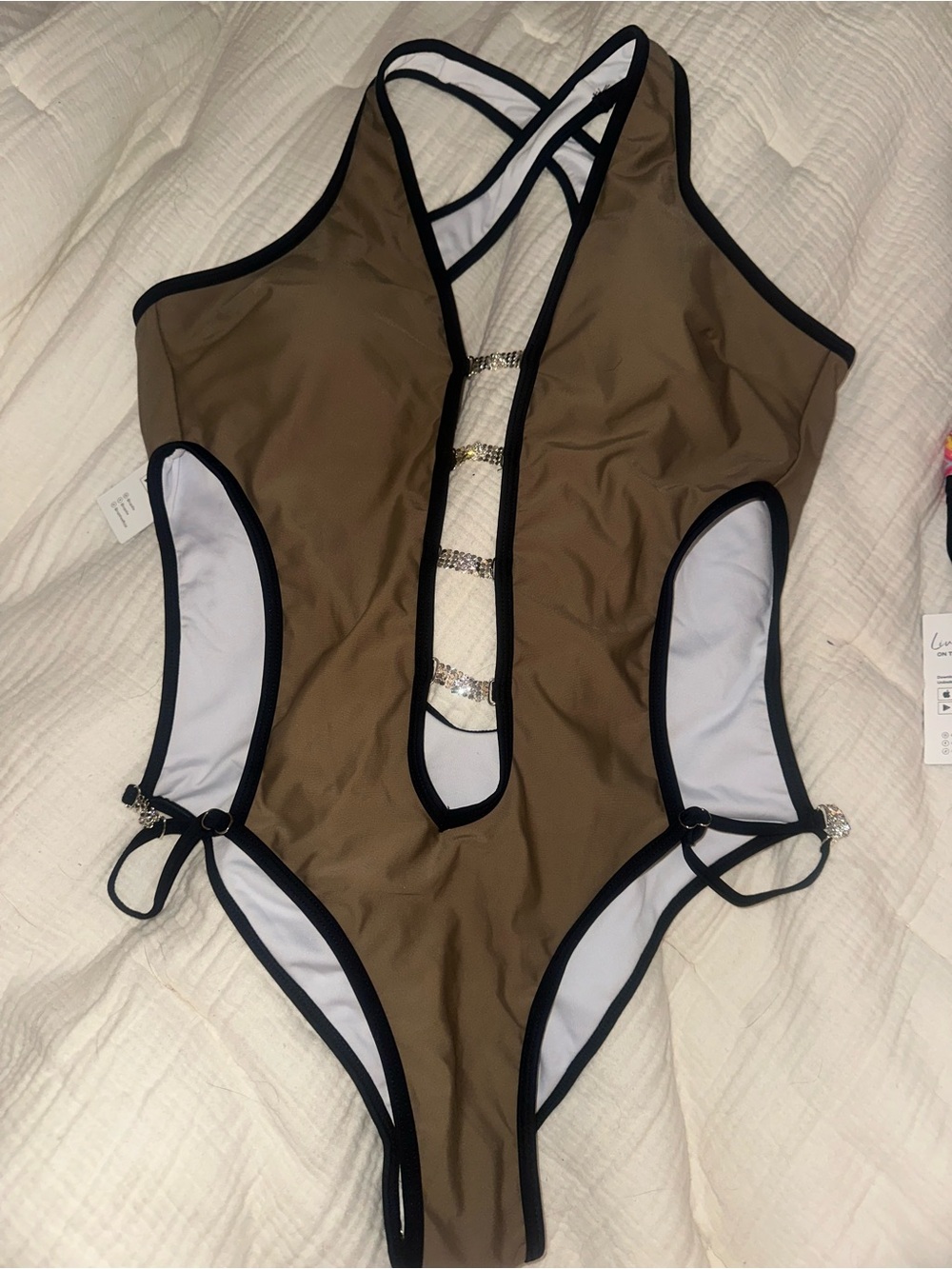 CUPSHE Cutout & Rhinestone Accent One-Piece Swimsuit Brown w/Black Trim - NWT L